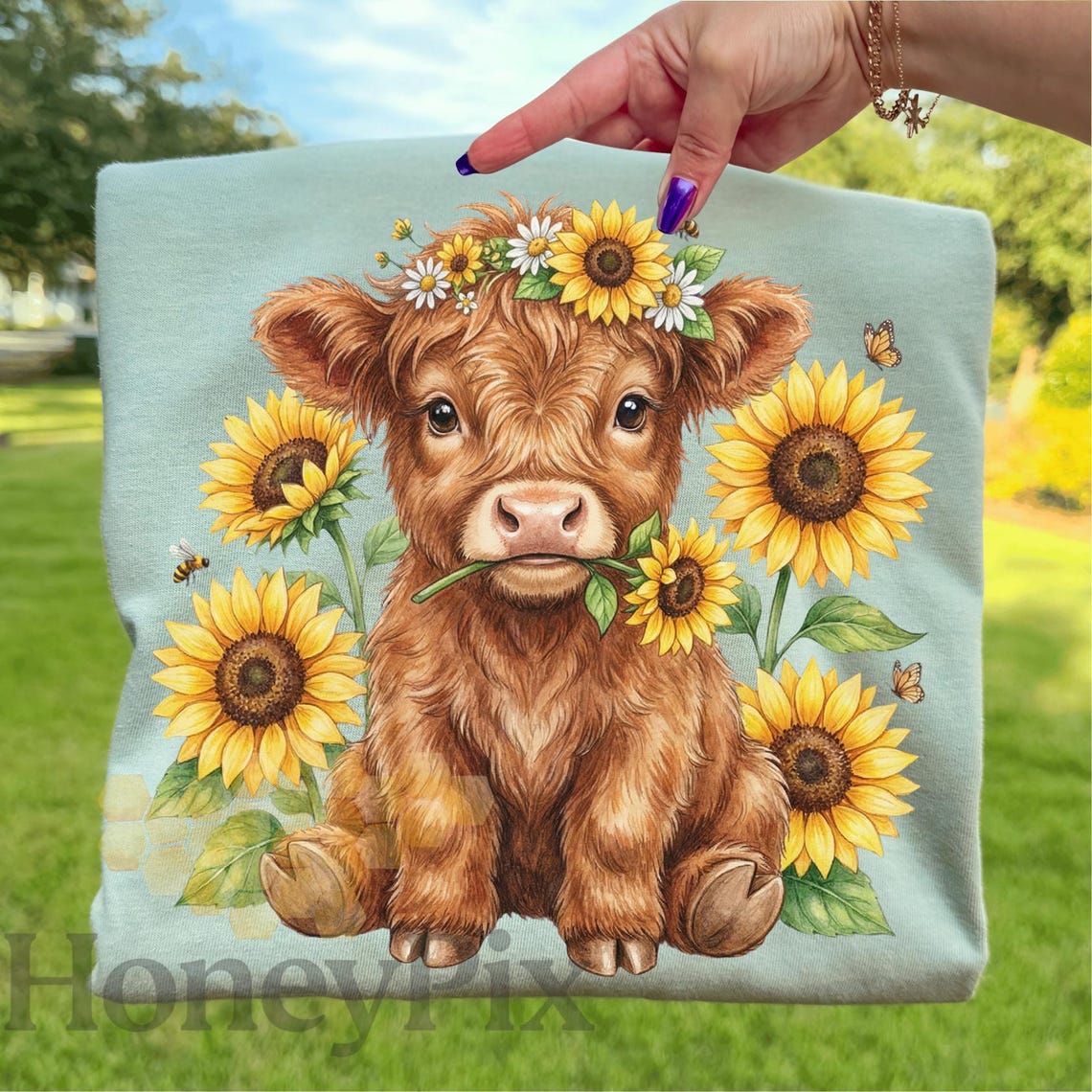 Highland Cow Sunflower Png, Cute Baby Cow Png, Farm Animal Floral Png ...