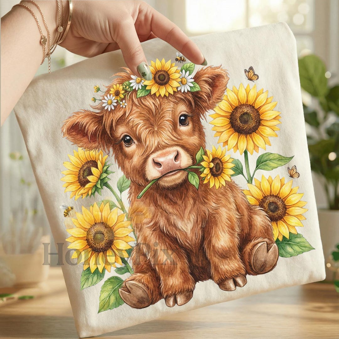 Highland Cow Sunflower Png, Cute Baby Cow Png, Farm Animal Floral Png ...