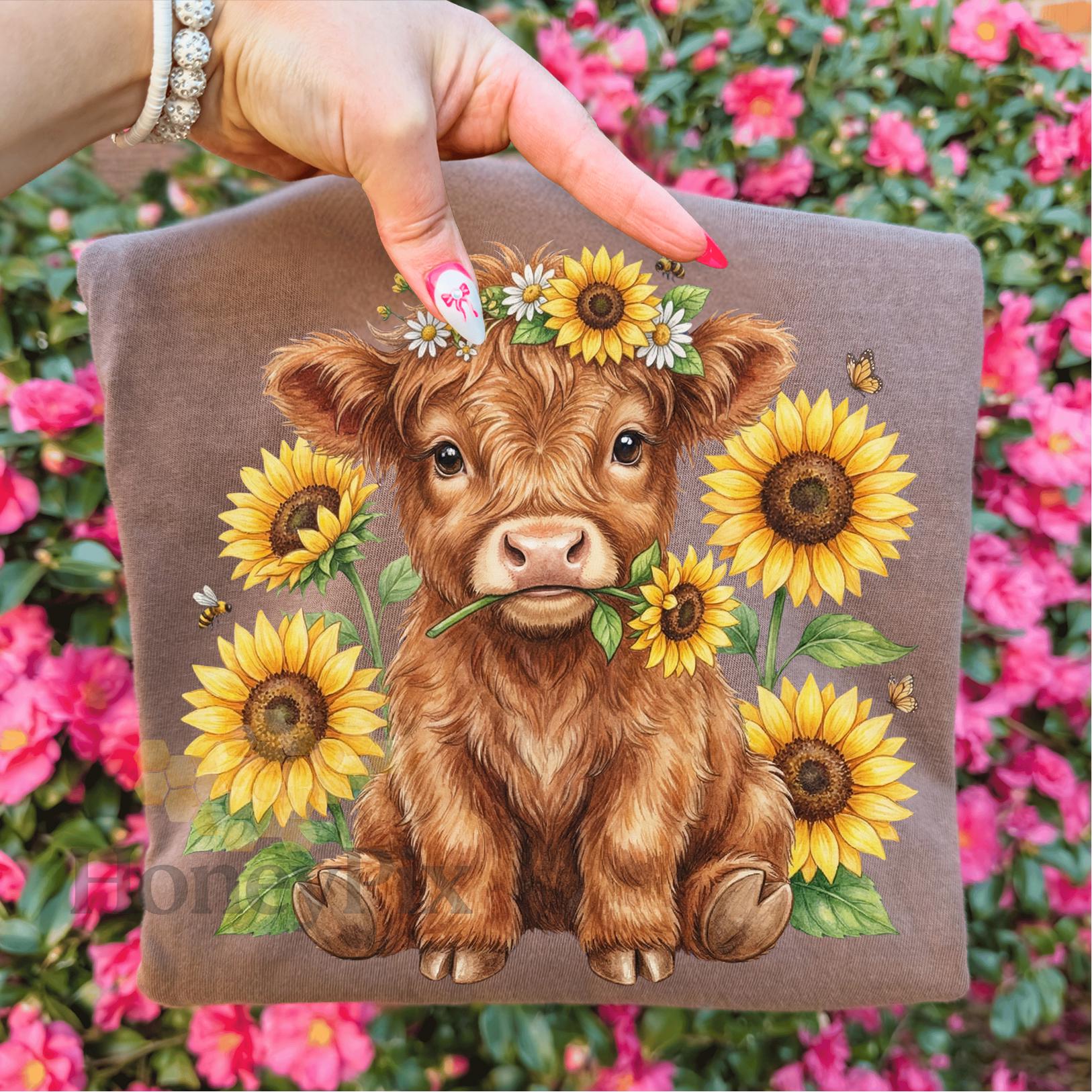 Highland Cow Sunflower Png, Cute Baby Cow Png, Farm Animal Floral Png ...