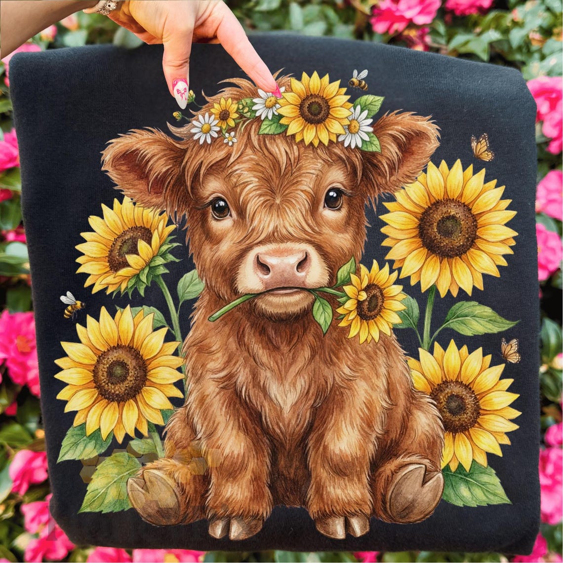Highland Cow Sunflower Png, Cute Baby Cow Png, Farm Animal Floral Png ...