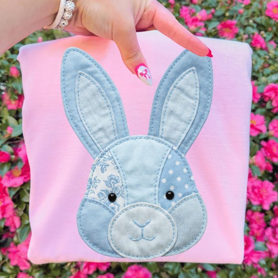 Faux Blue Patchwork Bunny Face Png, Quilt Style Bunny Png, Nursery Bunny Design Png, Easter Bunny Clipart Png, Sublimation Bunny Png
