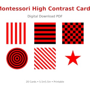 Puede incluir: Tarjetas Montessori de alto contraste con patrones geométricos rojos y negros, que incluyen rayas, un tablero de ajedrez, una estrella y círculos concéntricos. Las tarjetas miden 14 x 14 cm.