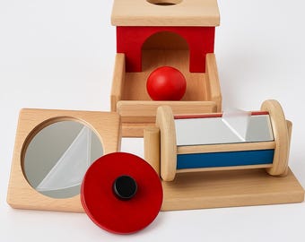 Montessori Toy Set, Object Permanence Box, Mirror Puzzle, Spinning Drum, Wooden Baby Toys, Montessori Materials 6–12 Months, Christmas Gift