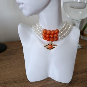 handmade necklace, beaded necklace, orange necklace, eye necklace, elegant necklace, special day necklace, gift necklace, choker necklace