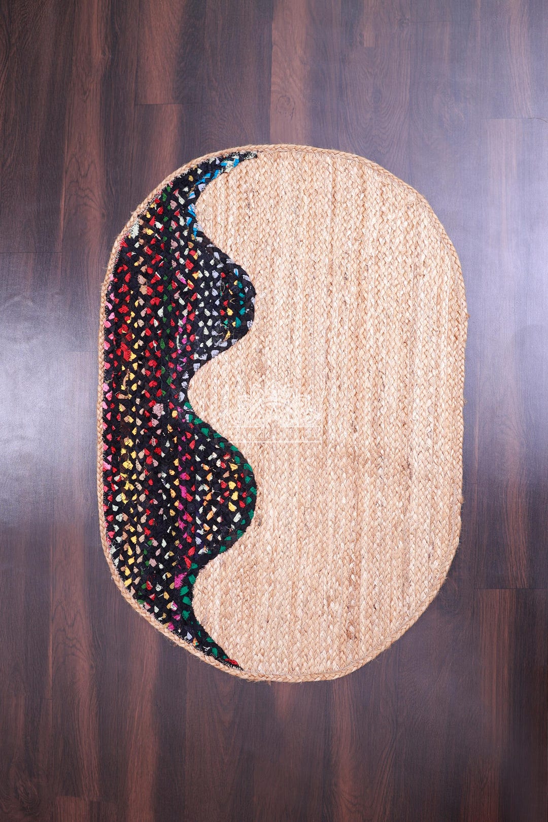 Handmade Abstract Jute Rug: Wavy Multicolor Chindi Mat - Etsy