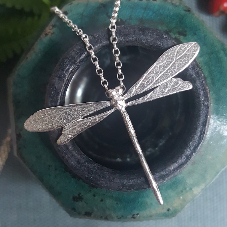 silver dragonfly necklace with a pair of wings which have a textured surface and a long, thin insect body. the pendant is attached to the chain behind the dragonfly's head