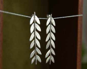 Silver Olive Branch Earrings | Long Statement Earrings | Leaf Earrings