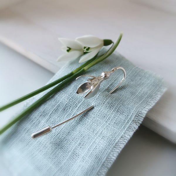 Schneeglöckchen Brosche, Silber Frühlingsblume Pin Handgemacht in Sterling Silber