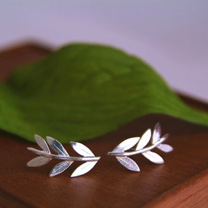 Olive Branch Earring Climber Silver Leaf Stud Earrings image 5
