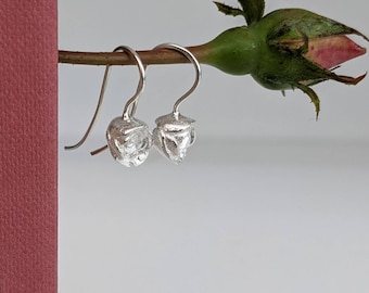 Silver Rosebud Flower Earrings | Flower Drop Earrings