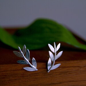Olive Branch Earring Climber Silver Leaf Stud Earrings image 6