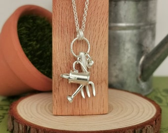 Gardening Charm Necklace | Silver Watering Can & Garden Fork Necklace | Allotment Jewellery