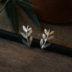 Olive Branch Earring Climber Silver Leaf Stud Earrings image 2