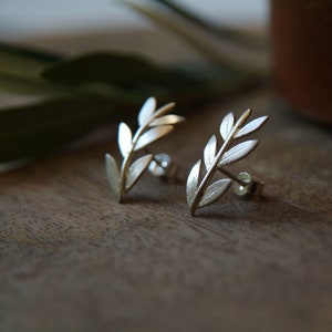Olive Branch Earring Climber Silver Leaf Stud Earrings image 4