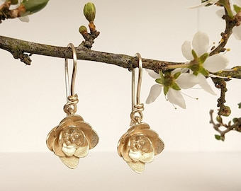 9ct Gold Flower Earrings | Floral Dangle Earrings | Pretty Blossom Jewellery | Handmade in UK