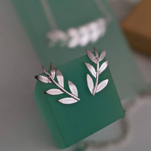 Olive Branch Earring Climber Silver Leaf Stud Earrings image 8