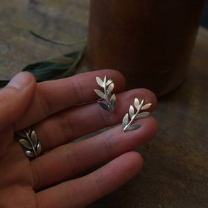 Olive Branch Earring Climber Silver Leaf Stud Earrings image 1