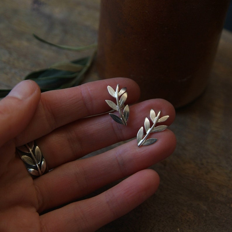 Olive Branch Earring Climber Silver Leaf Stud Earrings image 1