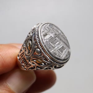May include: A silver ring with an oval, patterned stone. The ring has an ornate, filigree design with gold accents. The stone has a unique, textured appearance, with a pattern of lines and shapes. The ring is a statement piece.