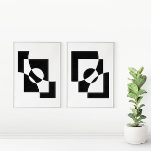 Conjunto de 2 Arte de Pared Abstracto Geométrico en blanco y negro, Arte Digital Imprimible, Carteles Abstractos para Decoración de Pared.