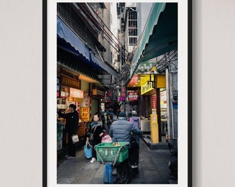 Impressão fotográfica de rua de Guangzhou – Arte de parede de viela na China – Decoração fotográfica de mercado urbano