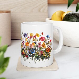 Floral Ceramic Mug, Colorful Spring Flowers Coffee Cup, Botanical Garden Tea Mug, Gift for Flower Lovers, Mother&#39;s Day Gift