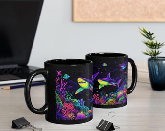 Vibrant Shark Art Mug, Colorful Ocean Mug, Gift for Ocean Lovers, Sea Life Coffee Cup, Fun Underwater Decor, Unique Shark Artwork