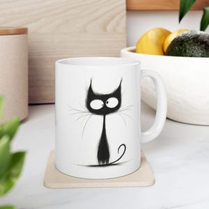 Elegant Cat Ceramic Mug, Black and White Coffee Cup, Kitty Lover Gift, Animal Print Tea Mug, Cat Mom Present, Cute Kitten Drinkware