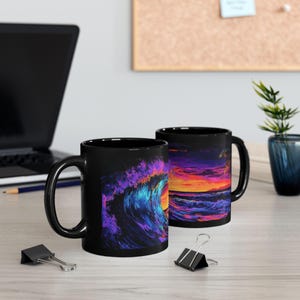 Vibrant Sunset Wave Mug, Beach Lover Coffee Cup, Ocean Scene Drinkware, Gift for Surfers, Tropical Decor Kitchenware, 11oz 15oz