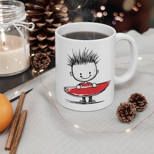 Surfer Grom Ceramic Mug, Stick Figure Surfboard Coffee Tea Cup Gift, Beach Lover Summer Ocean Theme, Surfing Enthusiast Homeware, Coastal