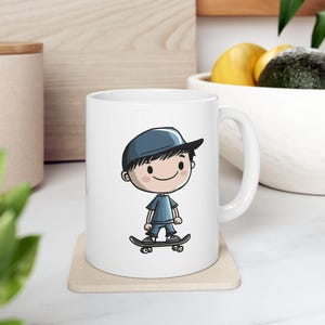 Cute Skater Boy Mug - Cartoon Skateboard Kid Coffee Cup - Fun Gift for Kids & Skaters