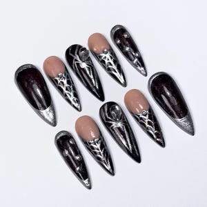 Crimson Webs Press-On Nails, Goth Press-On Nails, Gothic Nails, Edgy Fake Nails, Black and Red Nails