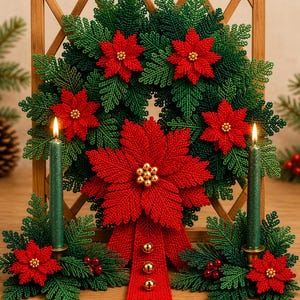 May include: A decorative Christmas wreath and two matching candle holders crafted from green beaded pine needles and red beaded poinsettia flowers. The wreath features a large red poinsettia at the base with a red ribbon and three gold jingle bells.
