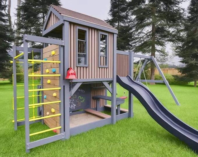 Deluxe Wooden Playground With Playhouse – Swings, Sandbox, Slide ...