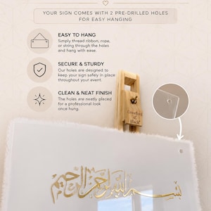 May include: A clear acrylic sign featuring gold Arabic calligraphy. The sign includes two pre-drilled holes for hanging. Text on the image reads: HOLES CAN BE ASSEMBLED FOR HANGING, EASY TO HANG, SECURE & STURDY, CLEAN & NEAT FINISH, and Custom Prints MANCHESTER.