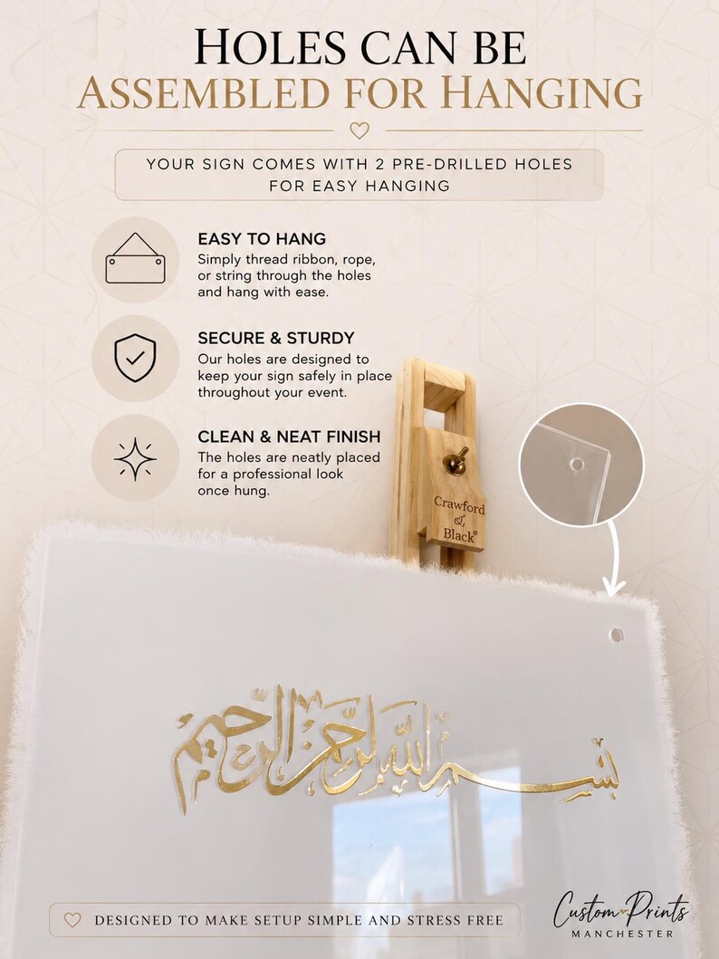 May include: A clear acrylic sign featuring gold Arabic calligraphy. The sign includes two pre-drilled holes for hanging. Text on the image reads: HOLES CAN BE ASSEMBLED FOR HANGING, EASY TO HANG, SECURE & STURDY, CLEAN & NEAT FINISH, and Custom Prints MANCHESTER.