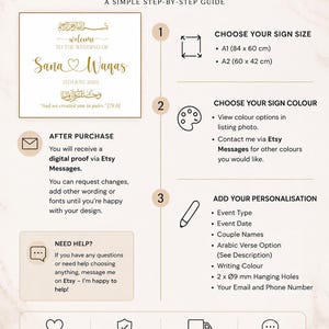 May include: An instructional infographic titled HOW TO ORDER with a step-by-step guide for a wedding sign. It features a sample sign for Sana and Waqas, size options of A1 (84 x 60 cm) and A2 (60 x 42 cm), and instructions for personalization.