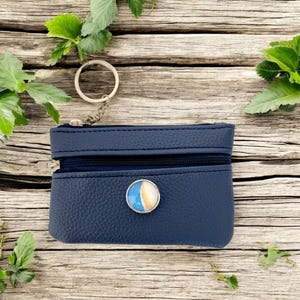 Cartera de piel sintética azul con dos cremalleras y llavero, cambio de monedas, dinero, tarjetero, clip para bolso, accesorio con botón a presión hecho a mano