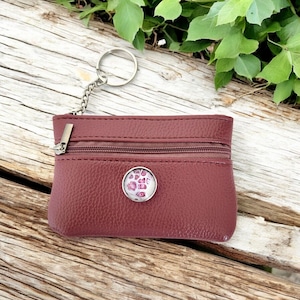 Cartera de piel sintética rosa con dos cremalleras y llavero, cambio de monedas, dinero, tarjetero, clip para bolso, accesorio con botón a presión hecho a mano