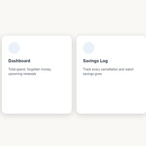 May include: A digital interface display titled What's inside featuring four white rectangular cards. Each card contains a light blue circular icon and text: Subscription List, Dashboard, Savings Log, and Start Here with brief descriptions.