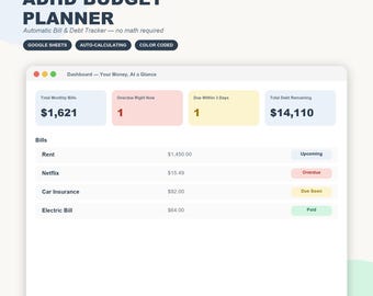 May include: An ADHD budget planner digital dashboard for Google Sheets. The interface displays total monthly bills of $1,621, overdue items, bills due within 3 days, and total debt of $14,110. It lists expenses like rent, Netflix, and car insurance.