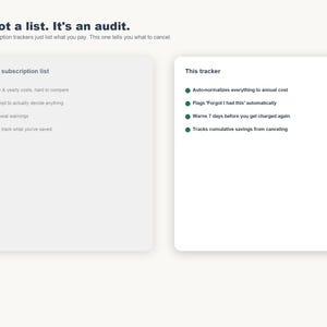 May include: A comparison graphic titled It's not a list. It's an audit. The left box lists typical subscription tracker features like monthly costs and no renewal warnings. The right box lists tracker features including auto-normalising costs.
