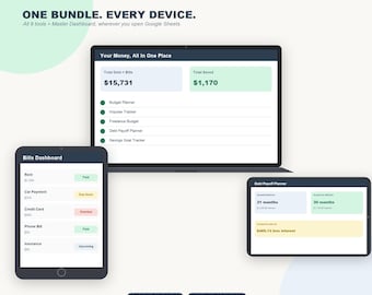 May include: A digital financial planning bundle displayed on a laptop, tablet, and smartphone screen. The interface features a dashboard with text reading ONE BUNDLE. EVERY DEVICE., Your Money, All In One Place, Bills Dashboard, and Debt Payoff Planner.