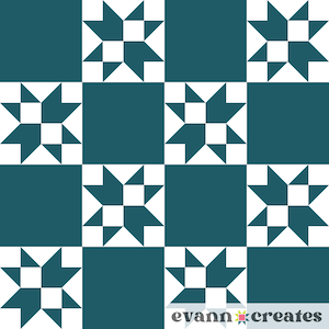 Op de afbeelding: Een teal en wit quiltpatroon met afwisselende blokken. Het ontwerp bevat witte sterpatronen tegen teal vierkanten. De afbeelding heeft een strakke, geometrische uitstraling, geschikt voor diverse toepassingen in huis.