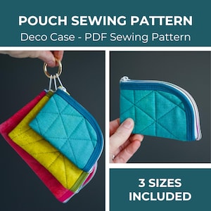 Puede incluir: Imagen de un patrón de costura para una funda Deco Case. La imagen muestra tres fundas coloridas en rosa, amarillo y verde azulado, unidas a un anillo dorado. Se muestra una funda verde azulado por separado. El texto dice "POUCH SEWING PATTERN" y "3 SIZES INCLUDED."