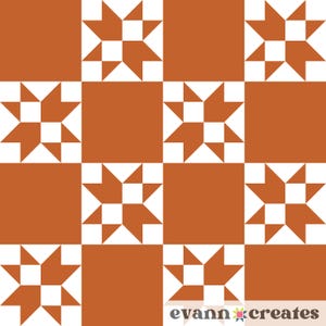 May include: A repeating pattern of squares and star-like shapes in shades of orange and white. The design features alternating solid orange squares and squares with white star patterns, creating a geometric quilt-like effect.