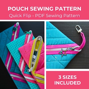Double Zip Quilted Pouch Sewing Pattern - 1 Quilt Block, 4 Compartments, 3 Sizes | Quick Flip PDF Instant Download