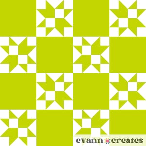 Peut inclure: Motif géométrique avec des carrés verts et des formes d'étoiles blanches et vertes. Le motif se répète sur l'image, créant un motif en grille. Le texte "evann creates" est dans le coin inférieur droit de l'image.