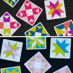 ini quilt block sticker set of 10 featuring bold geometric star and block designs in either bold and bright or soft and neon colorways. Each 1"x1" sticker is individually cut and packed. Waterproof vinyl, gloss laminated. Sticks to water bottles, laptops, planners, and sewing machines. The collector's set for the modern quilter — perfect for quilt retreat goodie bags and guild gifts.
