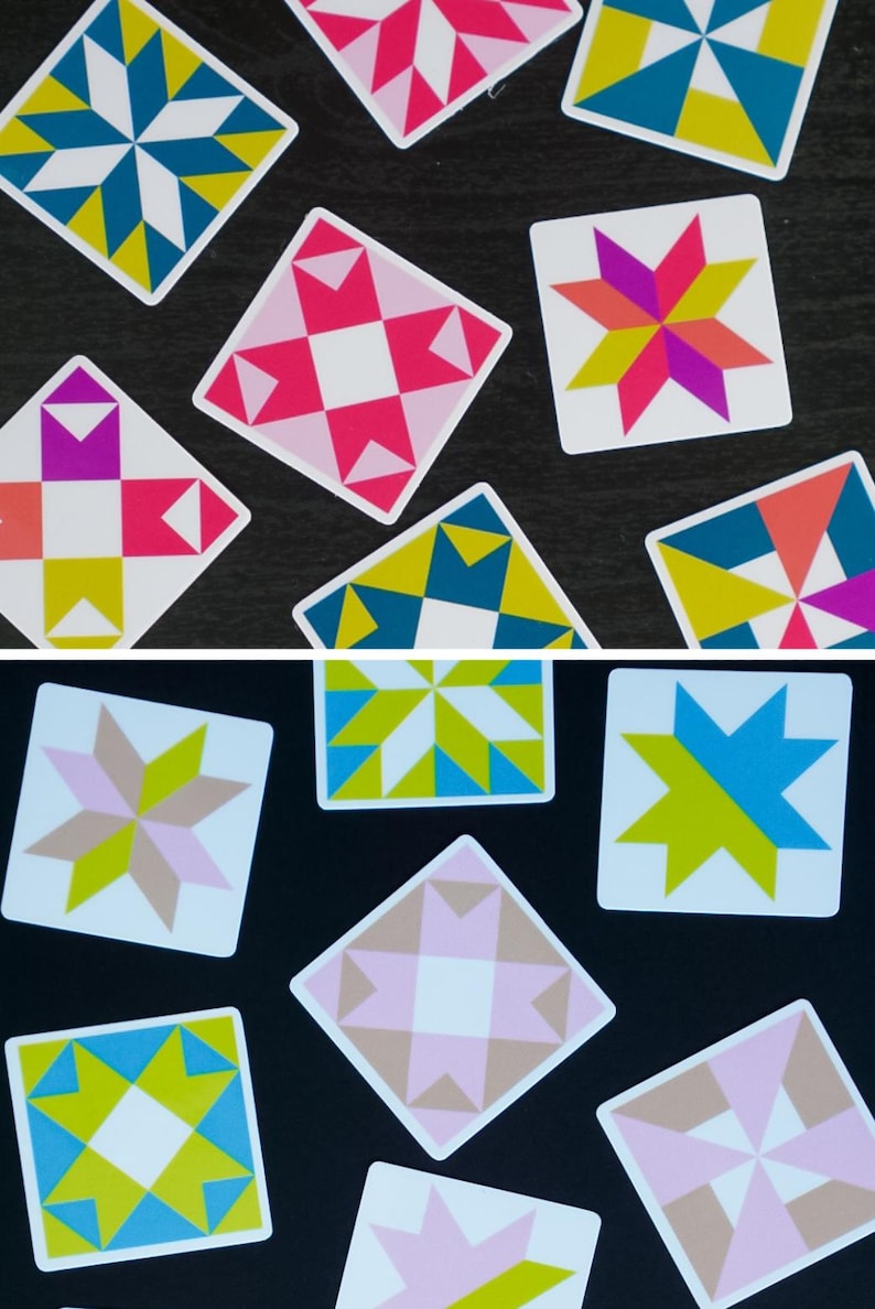 ini quilt block sticker set of 10 featuring bold geometric star and block designs in either bold and bright or soft and neon colorways. Each 1"x1" sticker is individually cut and packed. Waterproof vinyl, gloss laminated. Sticks to water bottles, laptops, planners, and sewing machines. The collector's set for the modern quilter — perfect for quilt retreat goodie bags and guild gifts.